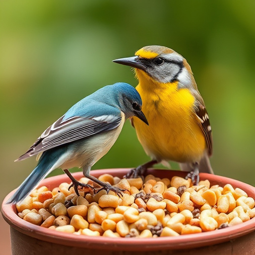 Close-up of labelled bird feed packaging