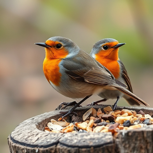 Close-up of robin near mealworm tray