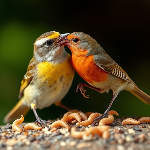 Close-up of wrens eating dried mealworms