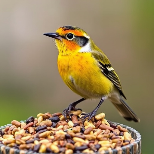 Finch eating from seed-filled feeder
