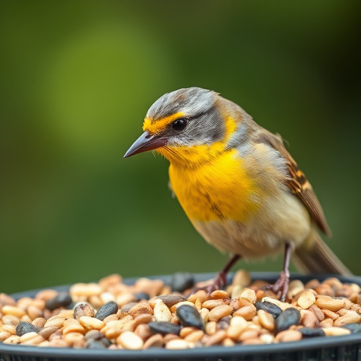 Finch eating from seed-filled feeder