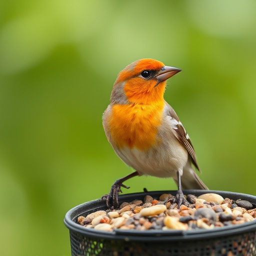 Finch eating from seed-filled feeder