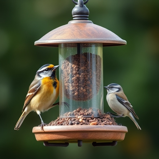 Finches eating from seed-filled feeder