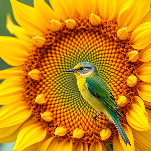 Finches gathered around sunflower heart dish