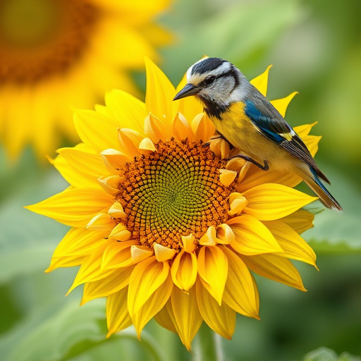 Finches gathered around sunflower heart dish
