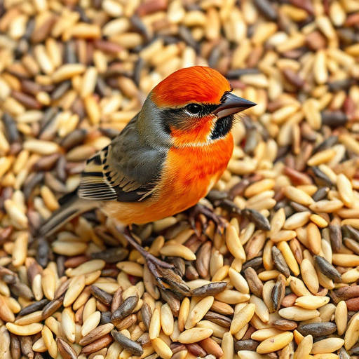 Finches gathered around sunflower heart dish