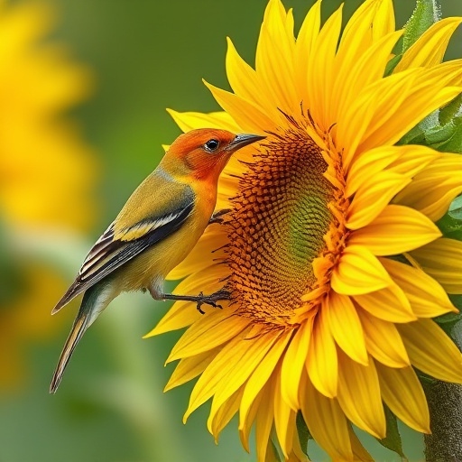 Finches gathered around sunflower heart dish