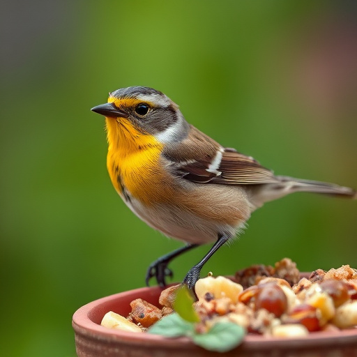 Goldcrest near dish of crushed peanuts