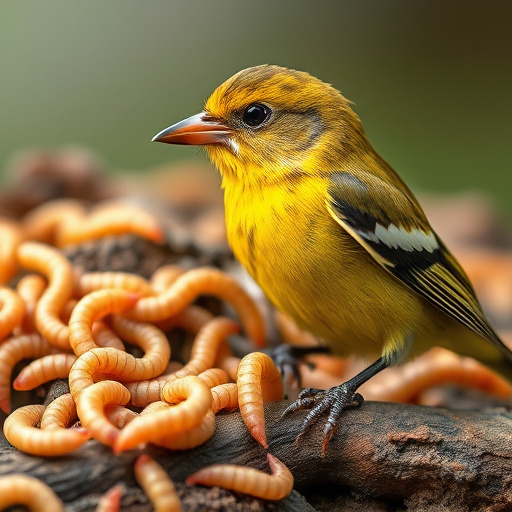 Mealworms scattered on mossy stone perch