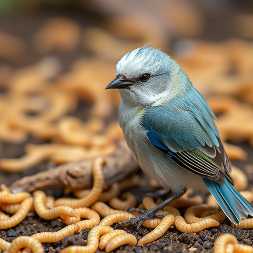 Mealworms scattered on mossy stone perch