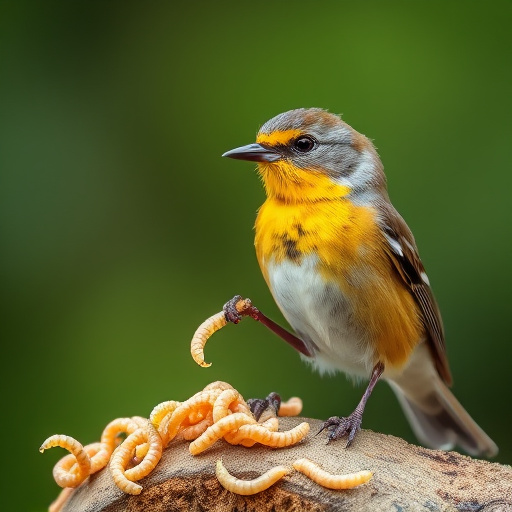 Mealworms scattered on mossy stone perch