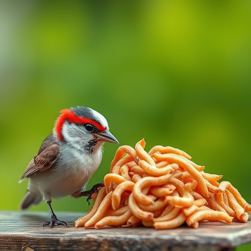 Robin eating mealworms from bird table