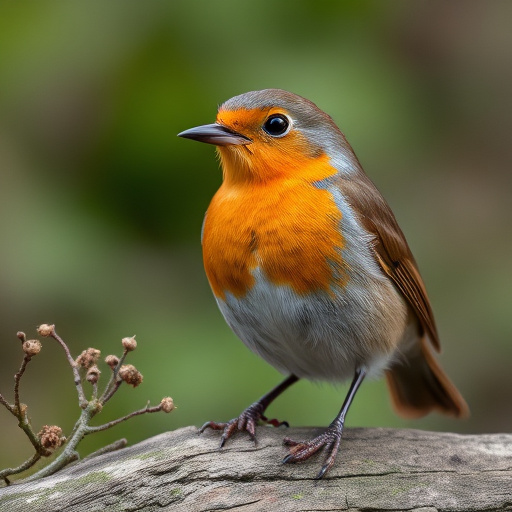 Robin perched beside suet-filled feeder
