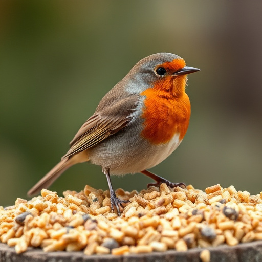 Robin perched beside suet-filled feeder