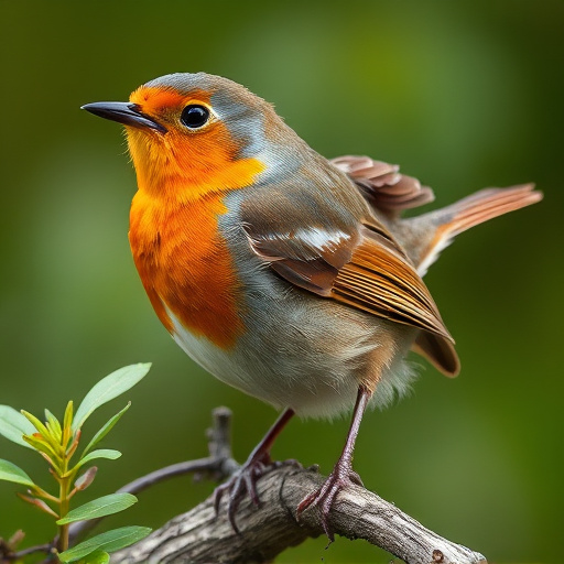 Robin perched beside suet-filled feeder