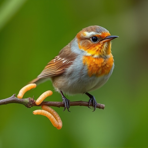 Robins and tits eating from hanging feeder