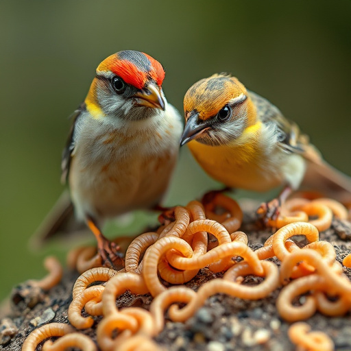 Robins and tits eating from hanging feeder