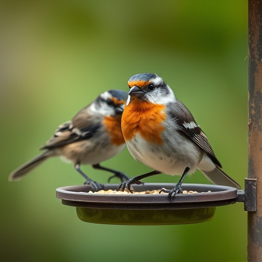 Robins and tits eating from hanging feeder