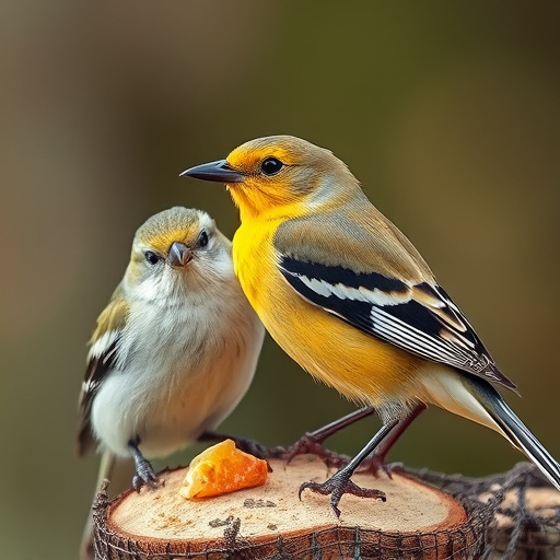 Robins and tits eating from hanging feeder