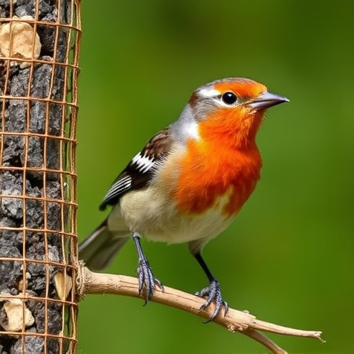 Robins and tits eating from hanging feeder
