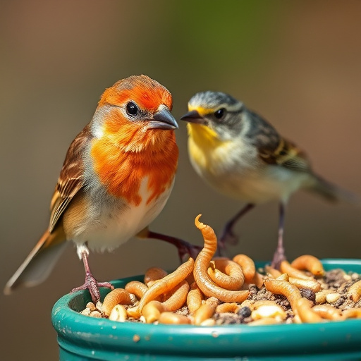 Tits feeding on mealworms in tray