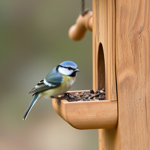 Blue tit perched beside mealworms bowl