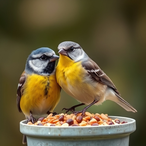 Blue tit perched beside mealworms bowl