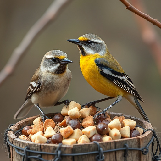 Blue tit perched beside mealworms bowl