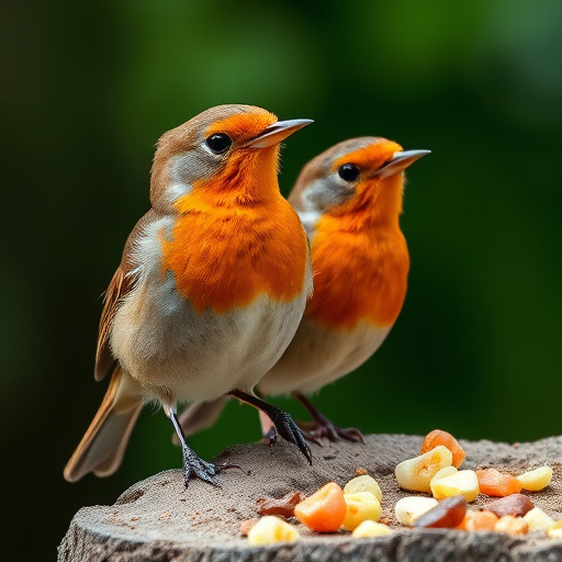 Close-up of robin near mealworm tray