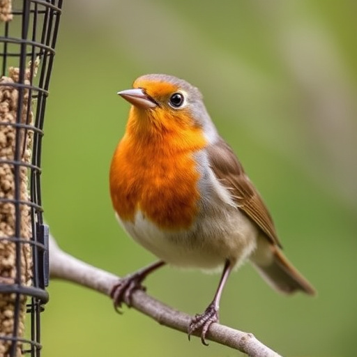 Close-up of robin near mealworm tray