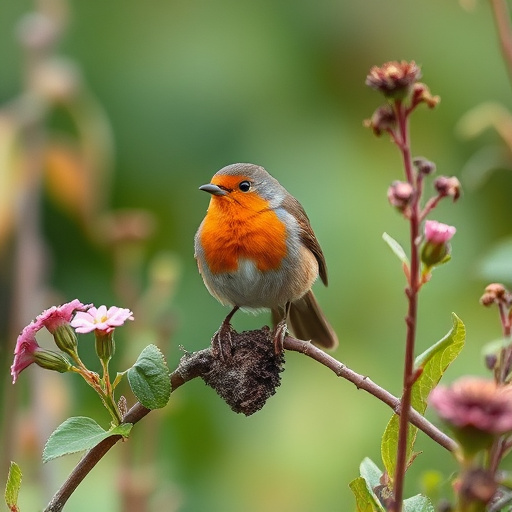 Close-up of robin near mealworm tray