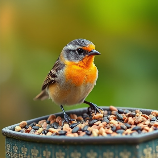 Finch eating from seed-filled feeder