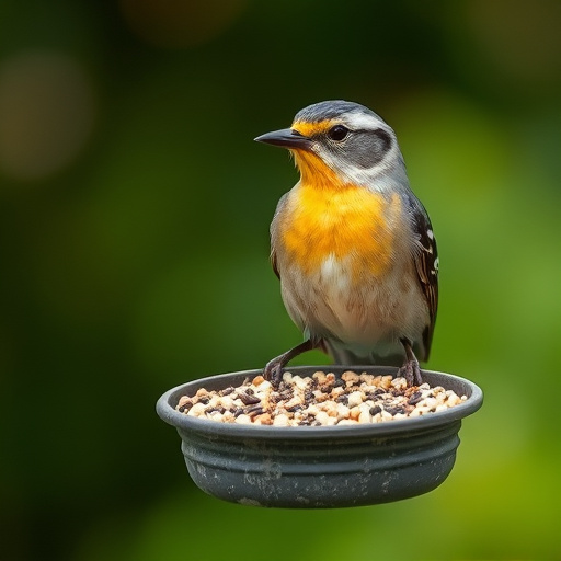 Finch eating from seed-filled feeder