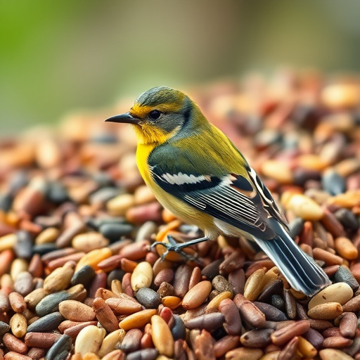 Finch eating from seed-filled feeder