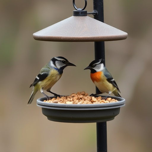 Finches eating from seed-filled feeder