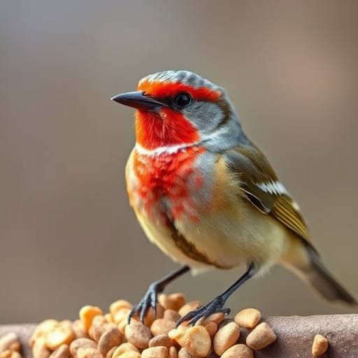 Finches gathered around sunflower heart dish