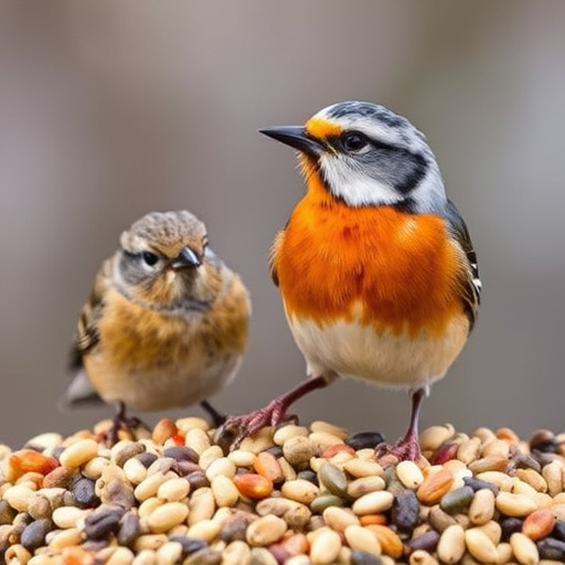 Finches gathered around sunflower heart dish