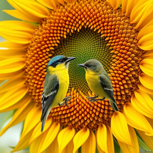 Finches gathered around sunflower heart dish