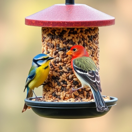 Garden birds feeding on seed tray
