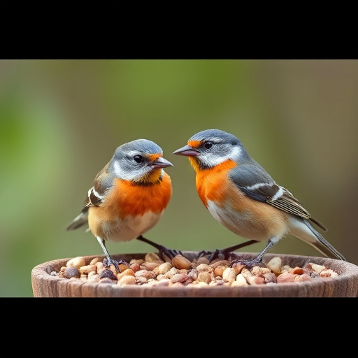 Garden birds sharing fat balls in feeder
