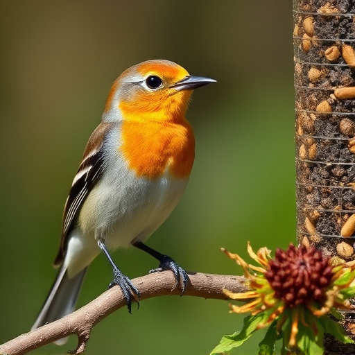 Garden birds sharing fat balls in feeder