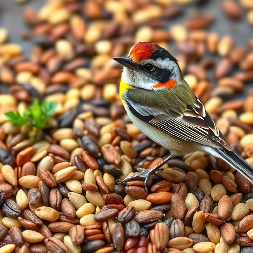 Goldcrest near dish of crushed peanuts