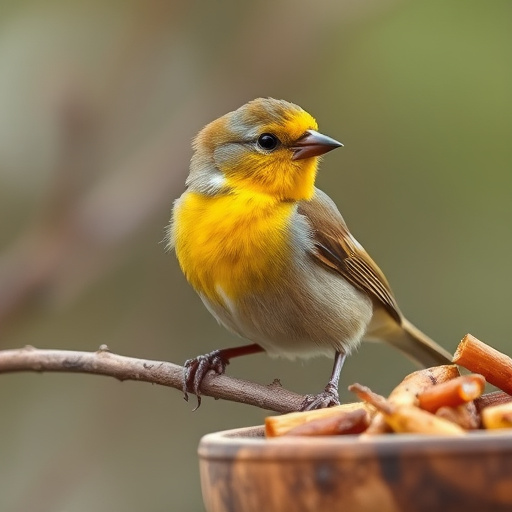 Goldcrest near dish of crushed peanuts