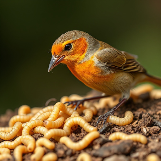 Mealworms scattered on mossy stone perch