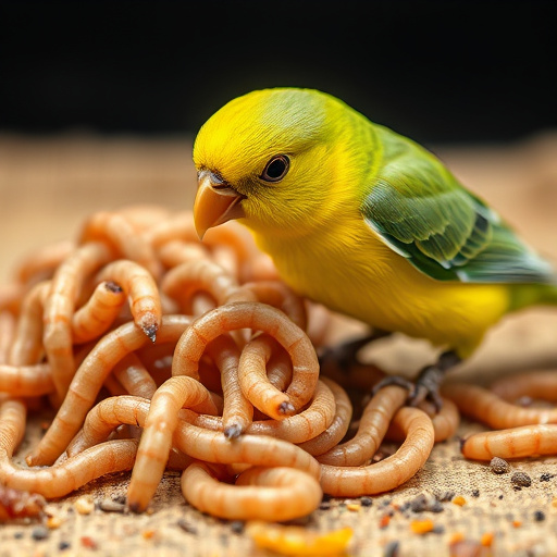 Mealworms scattered on mossy stone perch