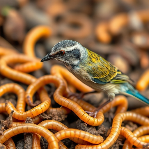 Mealworms scattered on mossy stone perch