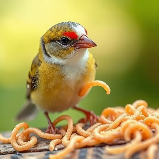 Mealworms served in low bird feeder