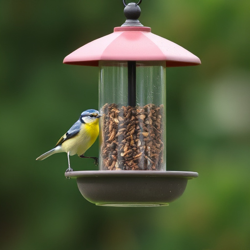 Peanuts in feeder surrounded by sparrows