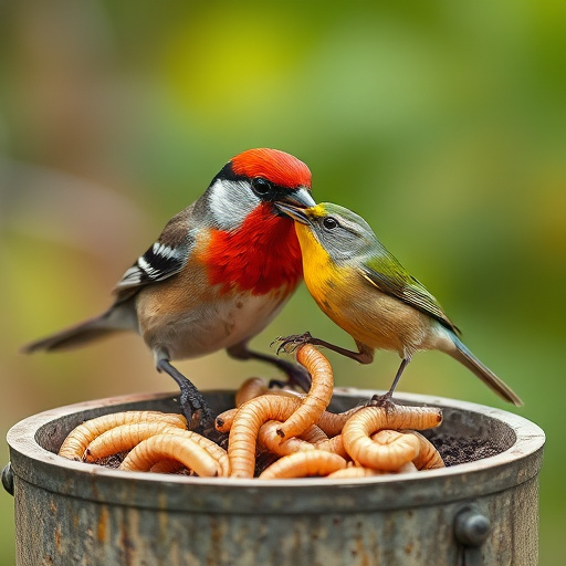 Robin eating mealworms from bird table