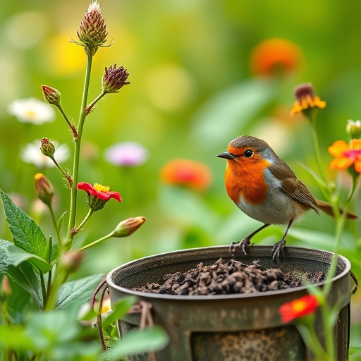 Robin feeding from low dish of suet
